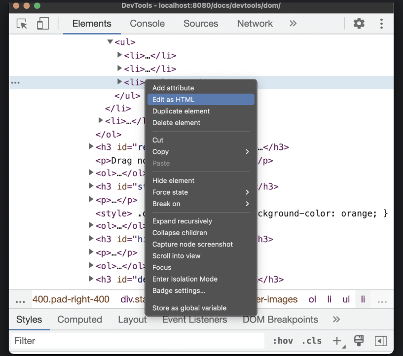Chrome DevTools Elements panel overview